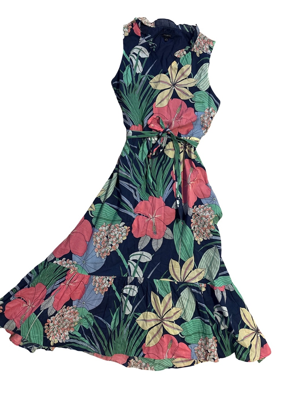Talbots Navy Floral Maxi Dress with Coral and Yellow Blooms